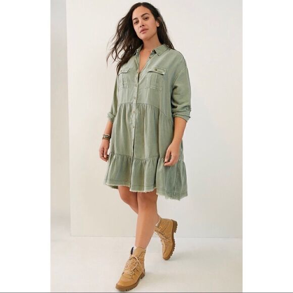NEW Anthropologie Pilcro Deanne Moss Tiered Mini Button Front Shirtdress Large - Picture 7 of 8